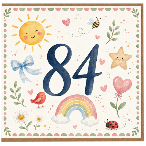 84th Birthday Card, Cute Watercolour Floral and Animal Design