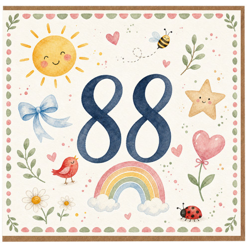 88th Birthday Card, Cute Watercolour Number 88 Card with Sun, Rainbow and Animals