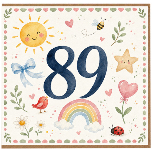 89th Birthday Card, Cute Watercolour Floral and Animal Design