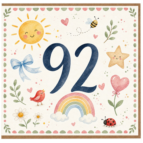 92nd Birthday Card, Cute Watercolour Number 92 Card