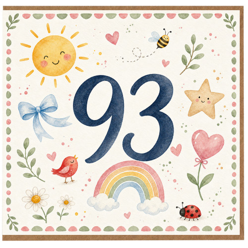 93rd Birthday Card, Cute Watercolour Number 93 Card with Sun, Rainbow and Animals