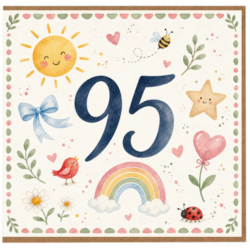 95th Birthday Card, Cute Whimsical Floral and Rainbow Design