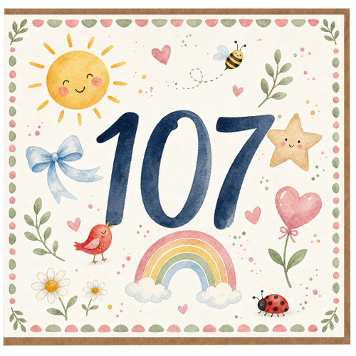 107th Birthday Card, Cute Watercolour Age 107 Card