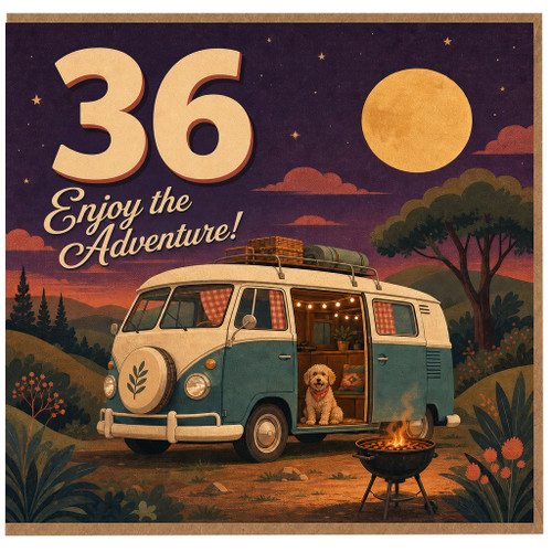 36th Birthday Card, Enjoy the Adventure Retro Camper Van Camping Card
