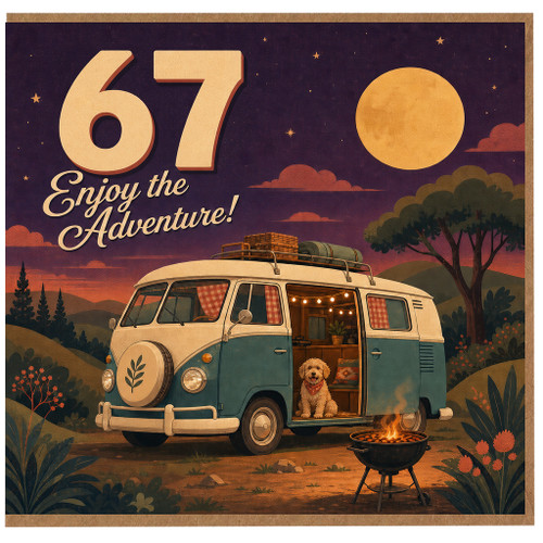 67th Birthday Card, Enjoy the Adventure Retro Camper Van Camping Design