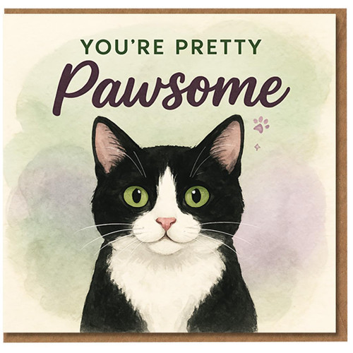 You're Pretty Pawsome Cat Thank You Card - Cute Tuxedo Cat Illustration, Pun Appreciation Card for Friends, Family or Colleagues