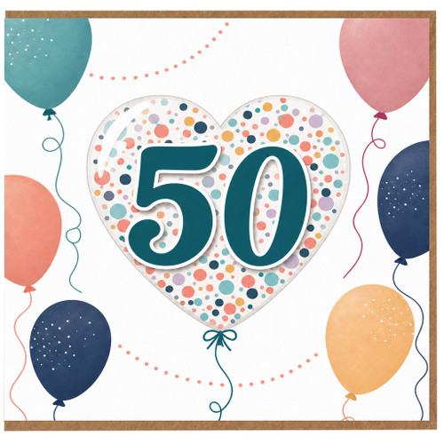 50th Birthday Card, Balloon Heart Design