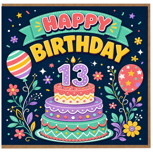 13th Birthday Card, Colourful Cake and Balloon Design