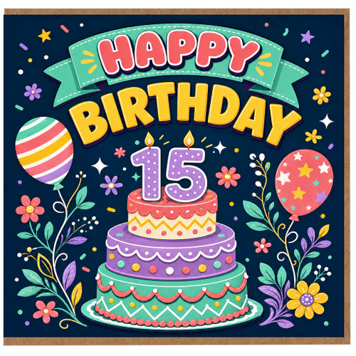 15th Birthday Card, Colourful Cake and Balloon Design