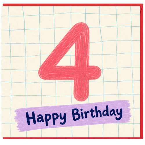 4th Birthday Card, Hand Drawn Number 4 Happy Birthday Card