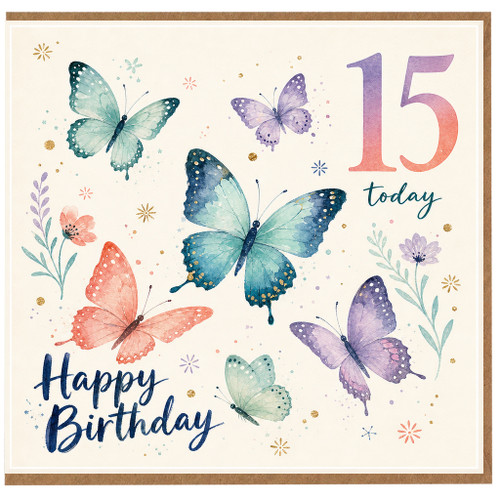 15th Birthday Card, Butterfly Watercolour Happy Birthday Card