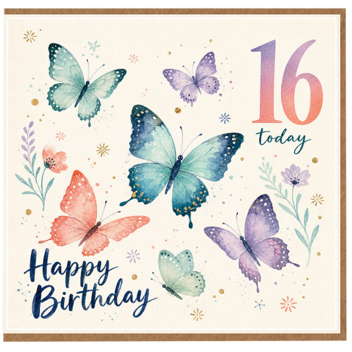 16th Birthday Card, Butterfly and Floral Happy Birthday Card