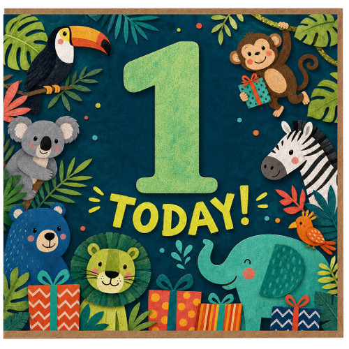 1st Birthday Card, Jungle Animals Today Card