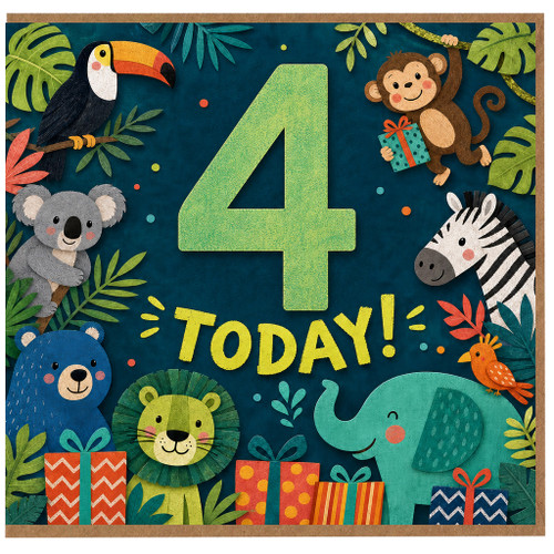 4th Birthday Card, Jungle Animals 4 Today Birthday Card