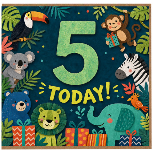 5th Birthday Card, Jungle Animal 5 Today Card