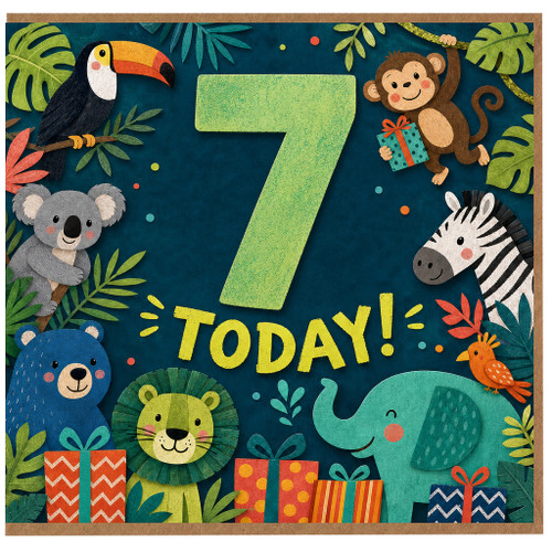 7th Birthday Card, Cute Jungle Animals Today Design