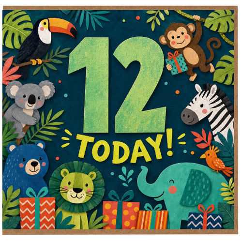 12th Birthday Card, Jungle Animals Today Design