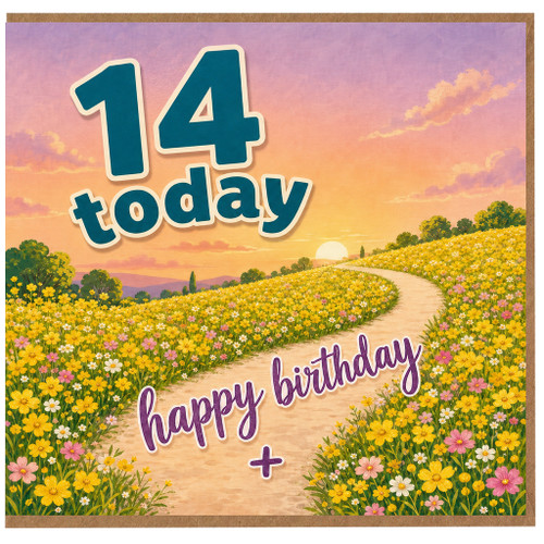 14th Birthday Card, Happy Birthday Floral Sunset Card