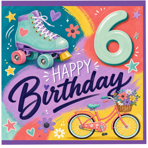 6th Birthday Card, Happy Birthday Roller Skate and Bicycle Design
