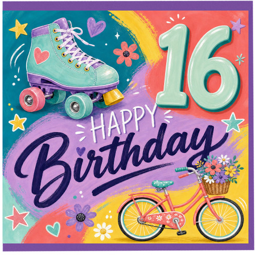 16th Birthday Card, Colourful Roller Skate and Bicycle Design
