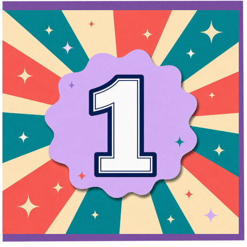 1st Birthday Card, Colourful Retro Burst Number 1 Design