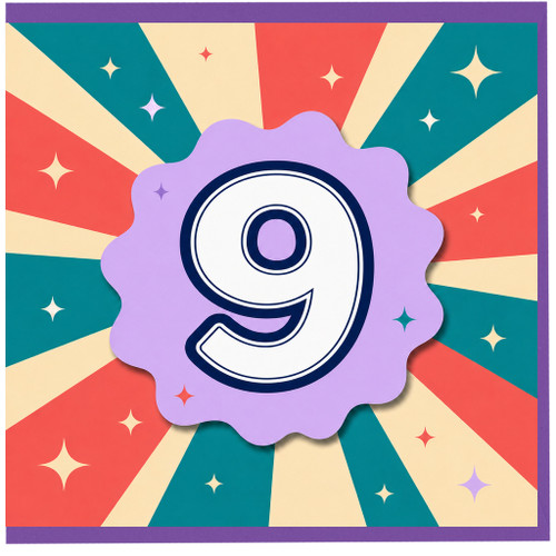 9th Birthday Card, Colourful Retro Starburst Number 9 Card