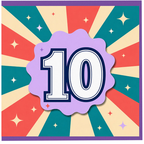 10th Birthday Card, Retro Burst Number 10 Card