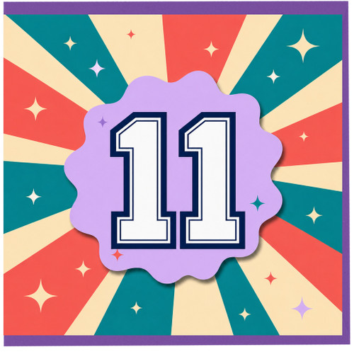 11th Birthday Card, Retro Colourful Number 11 Card