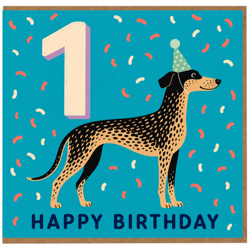 1st Birthday Card, Happy Birthday na with Party Hat and Confetti