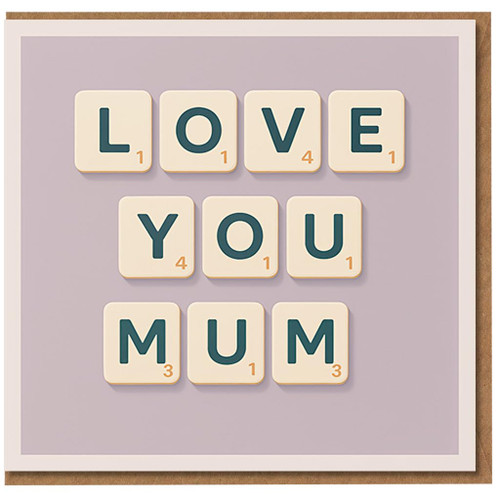 Love You Mum Letter Tiles Card - Mother's Day Card for Mum, Modern Word Tile Design on Soft Mauve