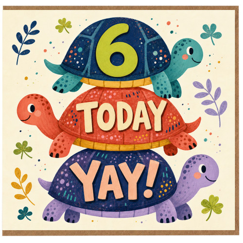 6th Birthday Card, Cute Turtle Stack Design, 6 Today Yay