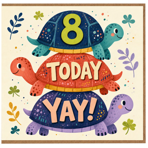 8th Birthday Card, Cute Turtle Stack Today YAY Card