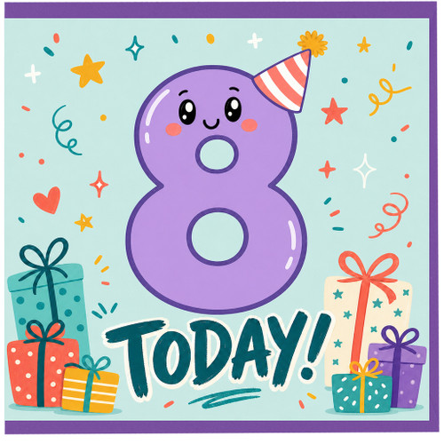 8th Birthday Card, Cute Number 8 Party Card