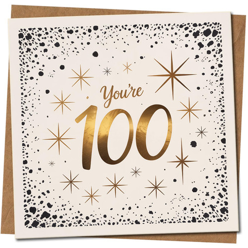 100th Birthday Card - You're 100 Gold Stars and Confetti Design, Square 145mm x 145mm, Elegant Milestone Celebration, Includes Kraft Envelope