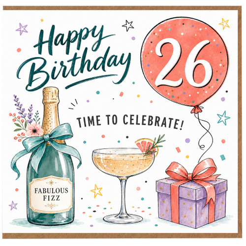26th Birthday Card, Happy Birthday 26 Today Celebration Card with Fizz Balloon and Gift Design