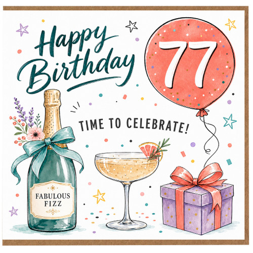 77th Birthday Card, Happy Birthday Celebration Card for Her, Fun Party Drinks and Gifts Design