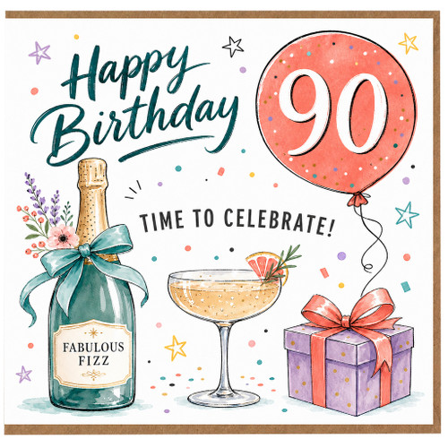 90th Birthday Card, Happy Birthday Time to Celebrate Balloon and Champagne Design