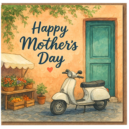 Mother's Day Card for Mum - Watercolour Street Scene with Teal Door, White Scooter and Flower Stall - 'Happy Mother's Day' Message with Small Red Heart