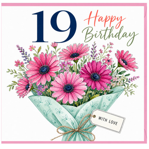 19th Birthday Card, Floral Happy Birthday Card with Pink Bouquet Design