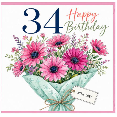 34th Birthday Card, Happy Birthday Floral Bouquet Card
