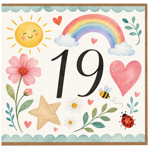 19th Birthday Card, Cute Watercolour Rainbow and Flowers