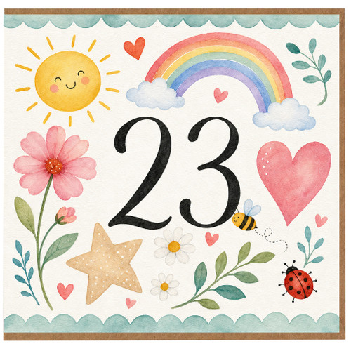 23rd Birthday Card, Cute Watercolour Rainbow and Flowers Birthday Card