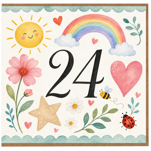 24th Birthday Card, Cute Watercolour Rainbow and Flower Design