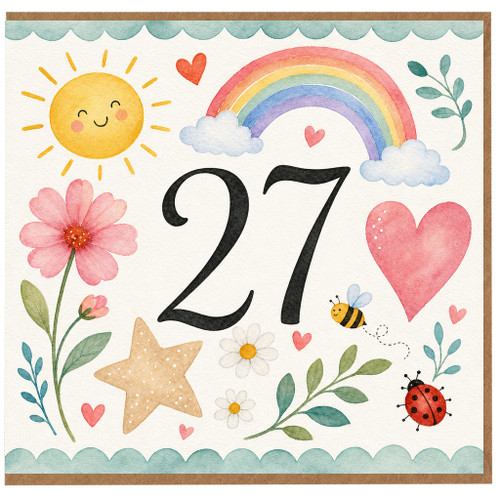 27th Birthday Card, Cute Watercolour Rainbow and Flowers Card