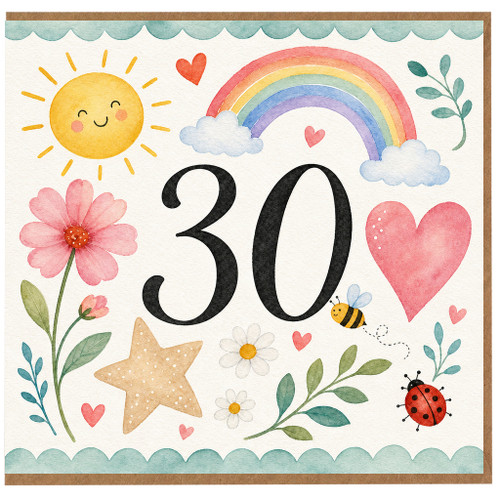 30th Birthday Card, Cute Watercolour Rainbow and Floral Design