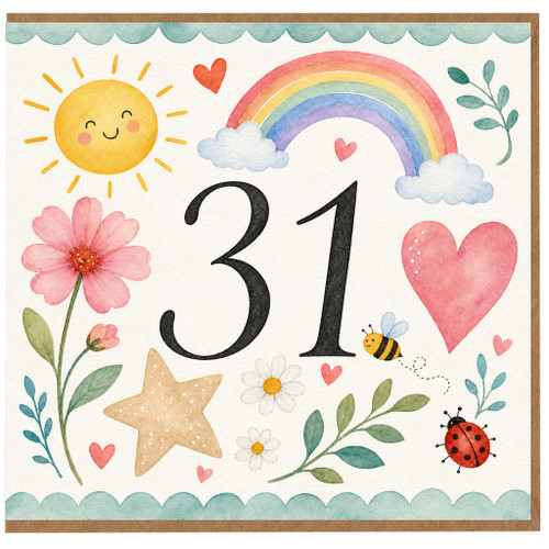 31st Birthday Card, Watercolour Sun Rainbow and Floral Design