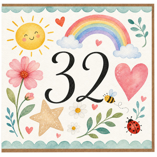 32nd Birthday Card, Cute Watercolour Rainbow Sun Flowers and Hearts