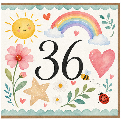 36th Birthday Card, Cute Watercolour Rainbow and Floral Design