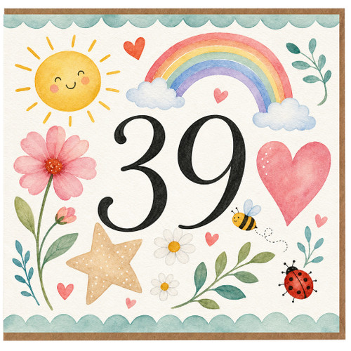 39th Birthday Card, Watercolour Sun Rainbow Hearts and Flowers