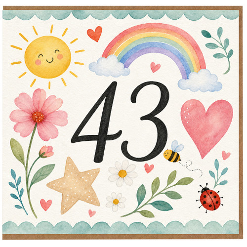 43rd Birthday Card, Cute Watercolour Floral Rainbow Design